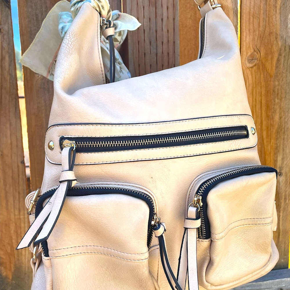 Big Beautiful Zipper Convertible Beige Budda Style Vegan Handbag Backpack Purse